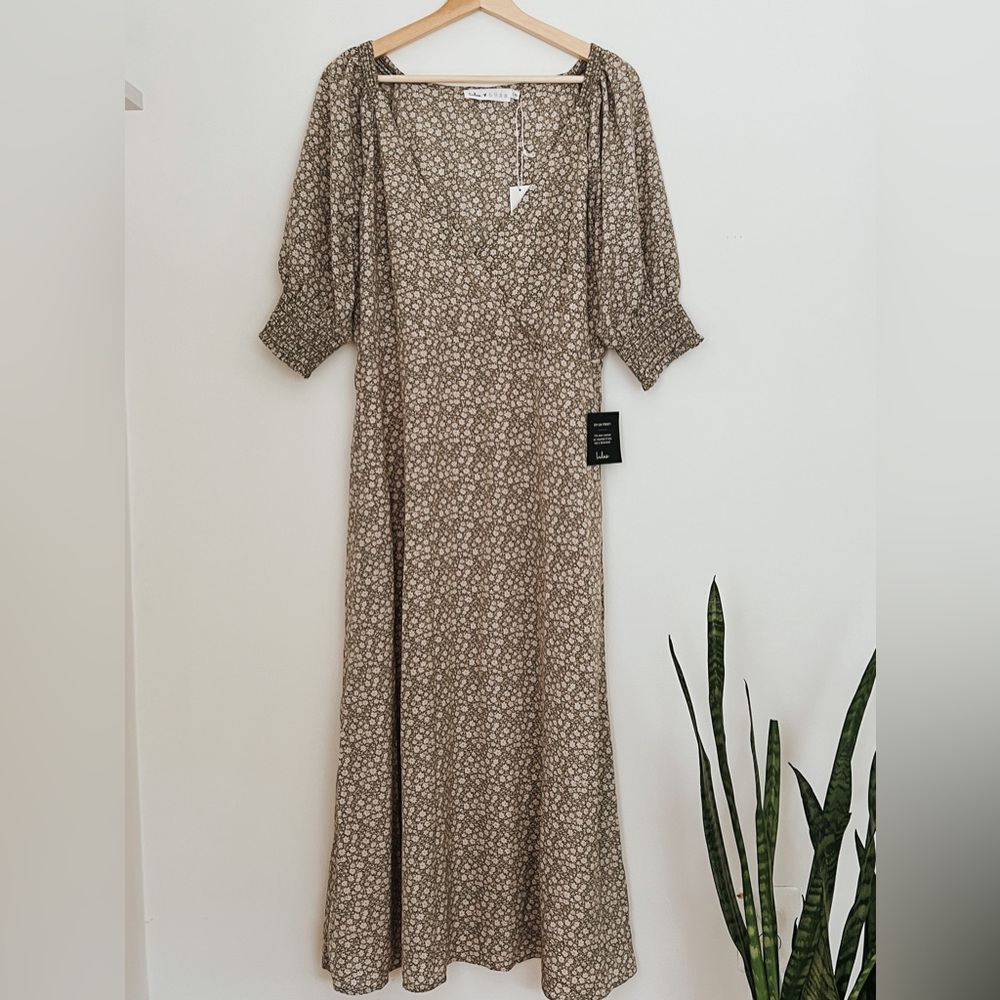 Lulus Times With You Sage Green Floral Print Puff Sleeve Midi Dress